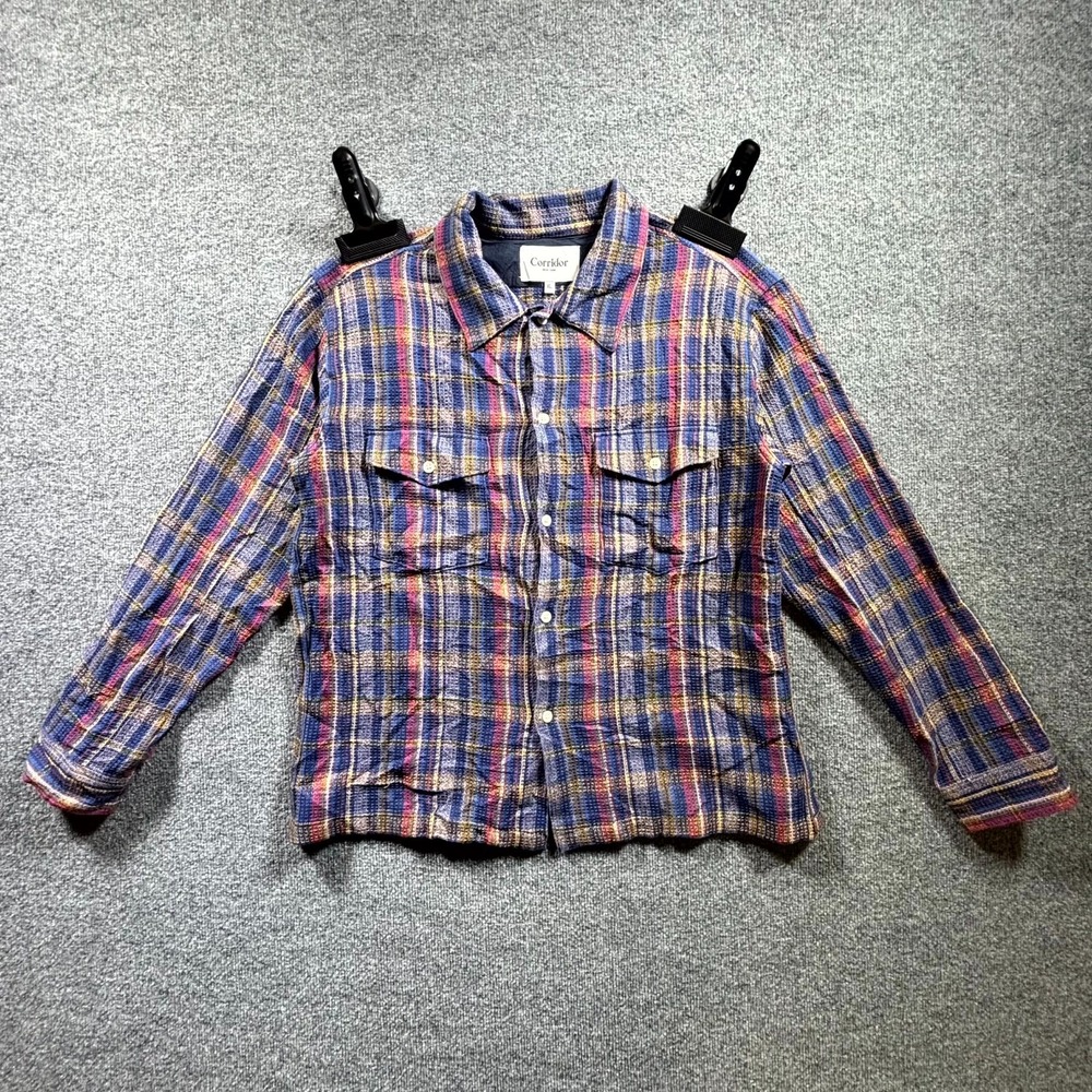 Corridor Shirt Men XL Multicolor Plaid Waffle Knit Button Front Utility Workwear